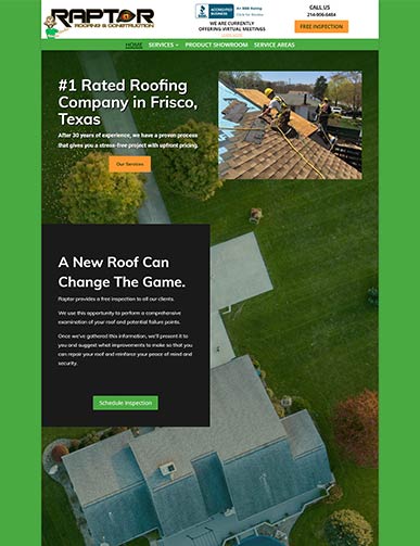 Raptor roofing and construction website developed by DreamSite Gurus